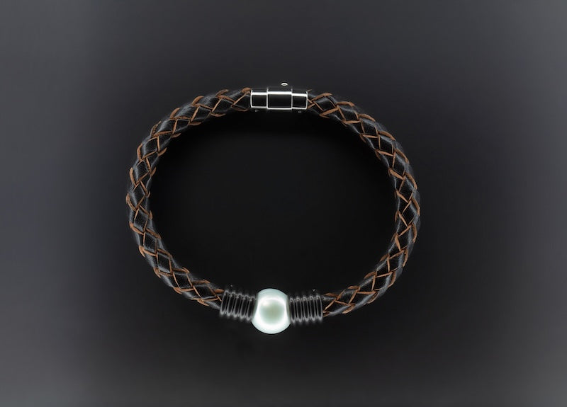 Bright Side of the Moon men's leather and pearl bracelet