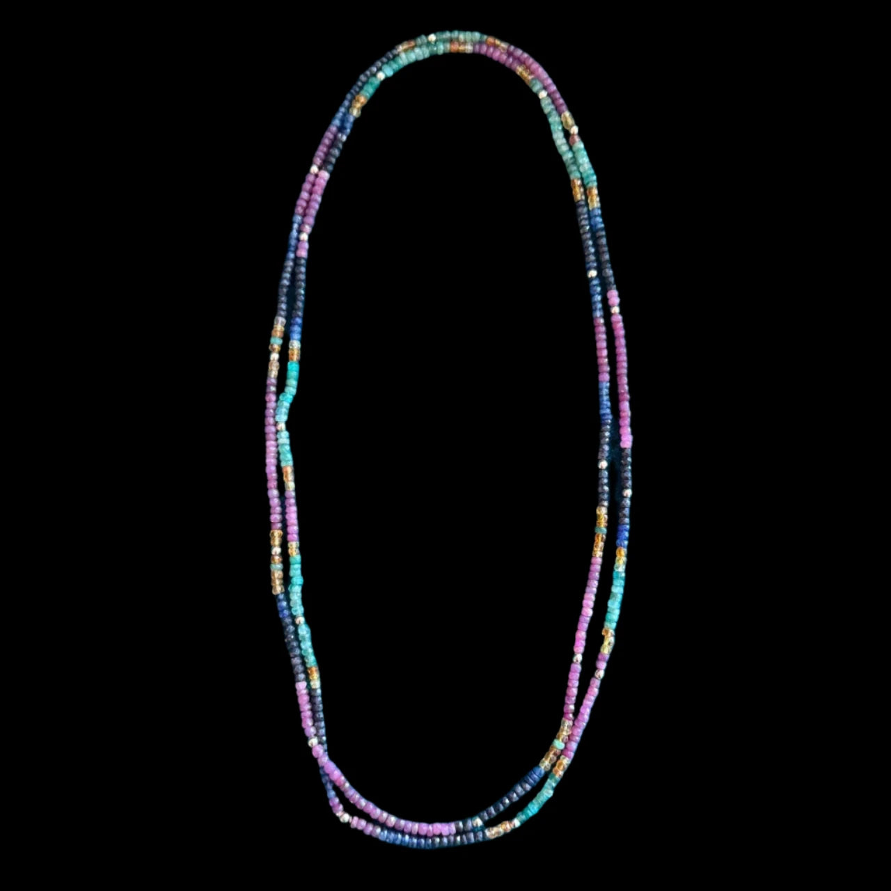 The Aeon - Sapphire, Ruby and Emerald long gemstone rope with 14 carat Yellow Gold.