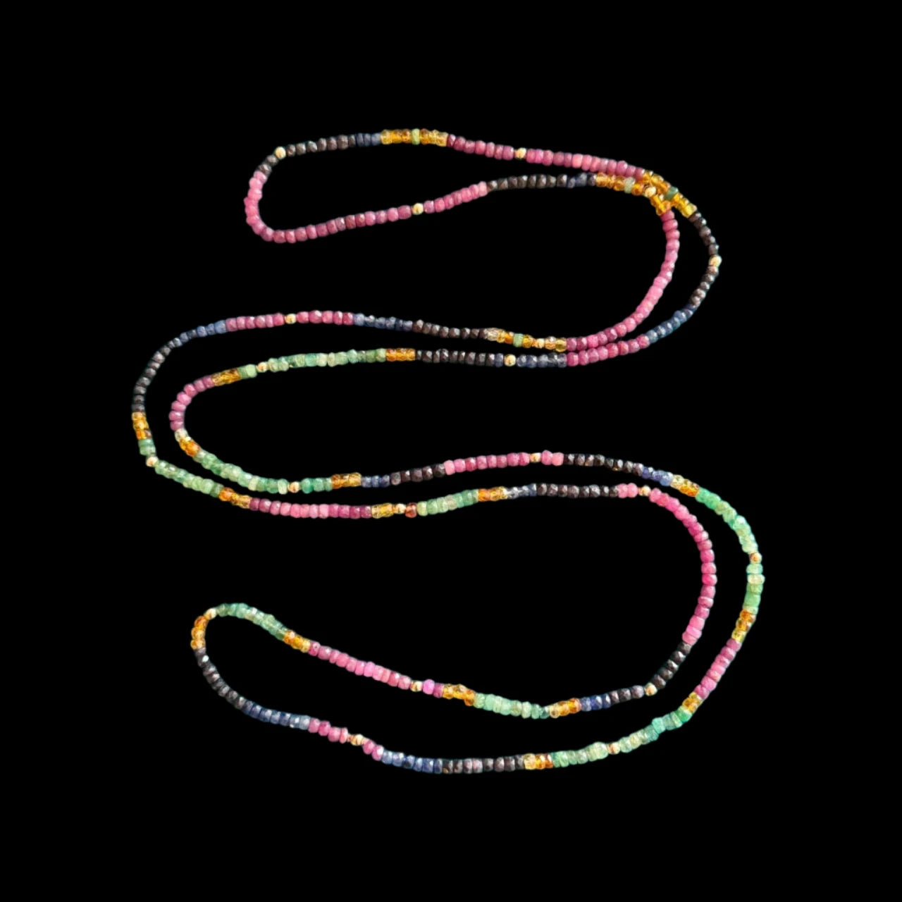 The Aeon - Sapphire, Ruby and Emerald long gemstone rope with 14 carat Yellow Gold.