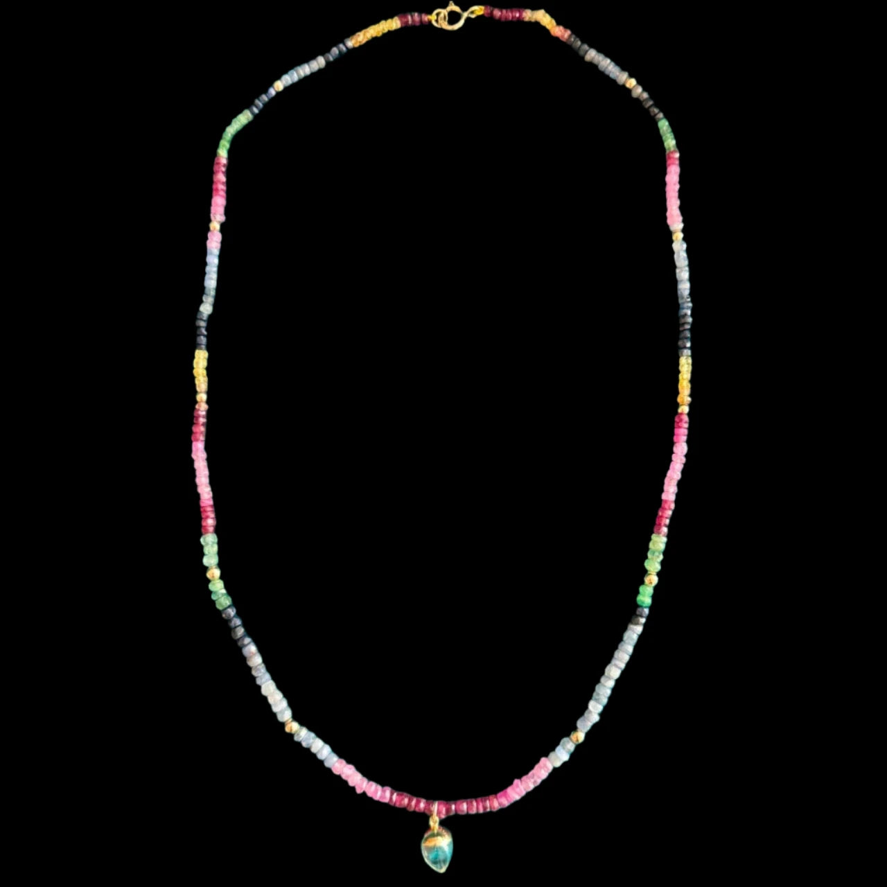 The Aeon Multi Gem Necklace with Spike Rock Crystal Quartz Pendant in 18 carat Yellow Gold