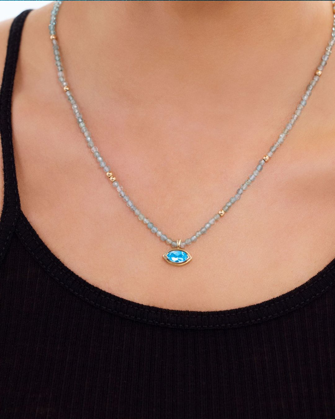 Protection Apatite and Gold Bead Necklace with Sky Blue Topaz Charm