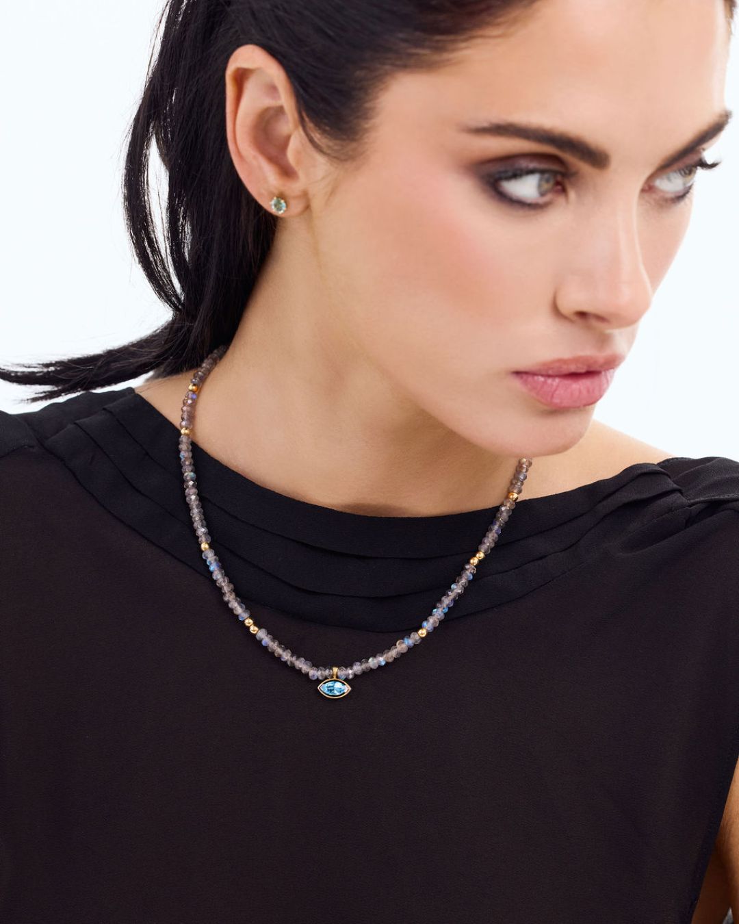 Protection Labradorite and Gold Bead Necklace with Sky Blue Topaz
