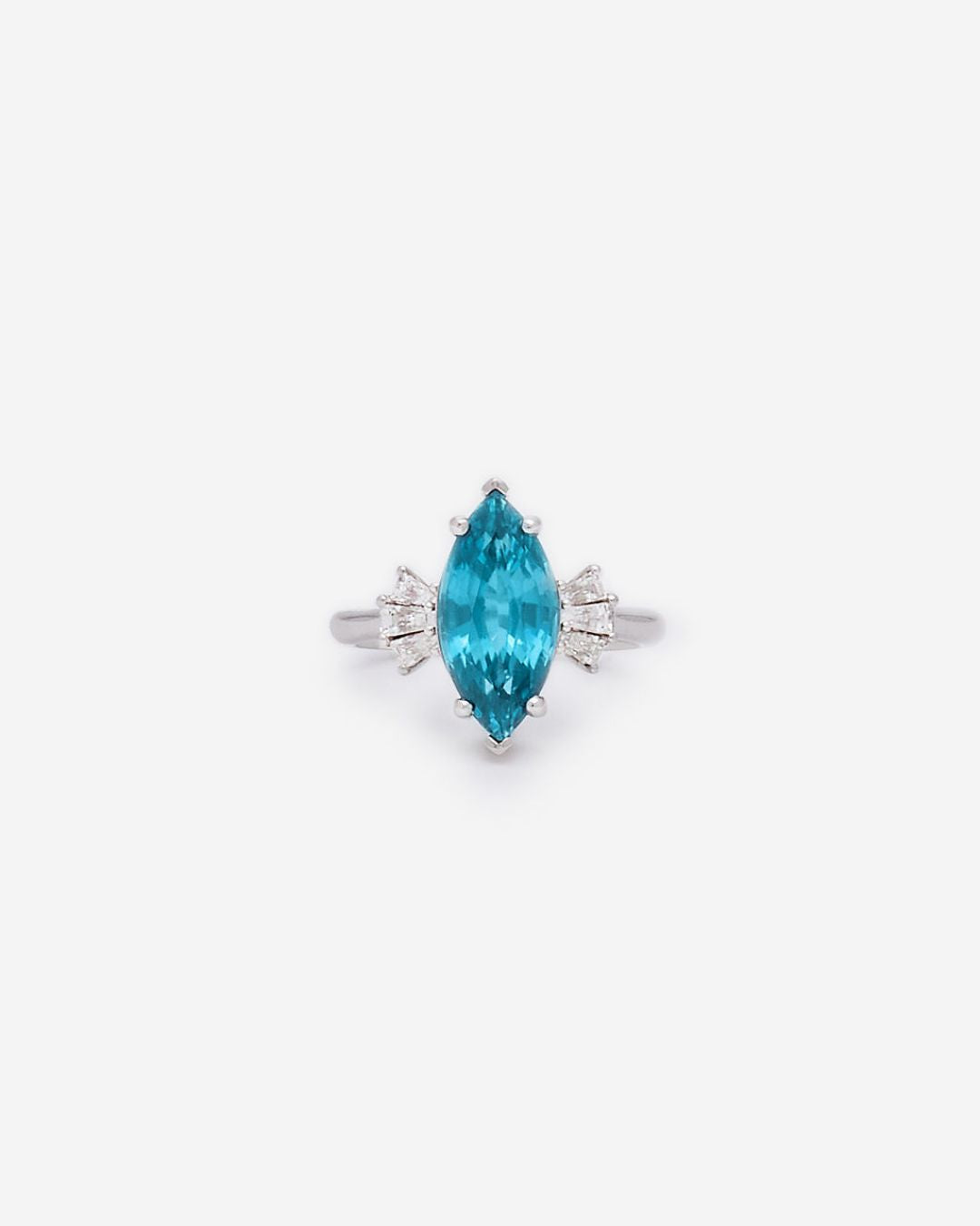 Ballerina Ring in Platinum with Blue Zircon and Tapered Baguette Diamonds
