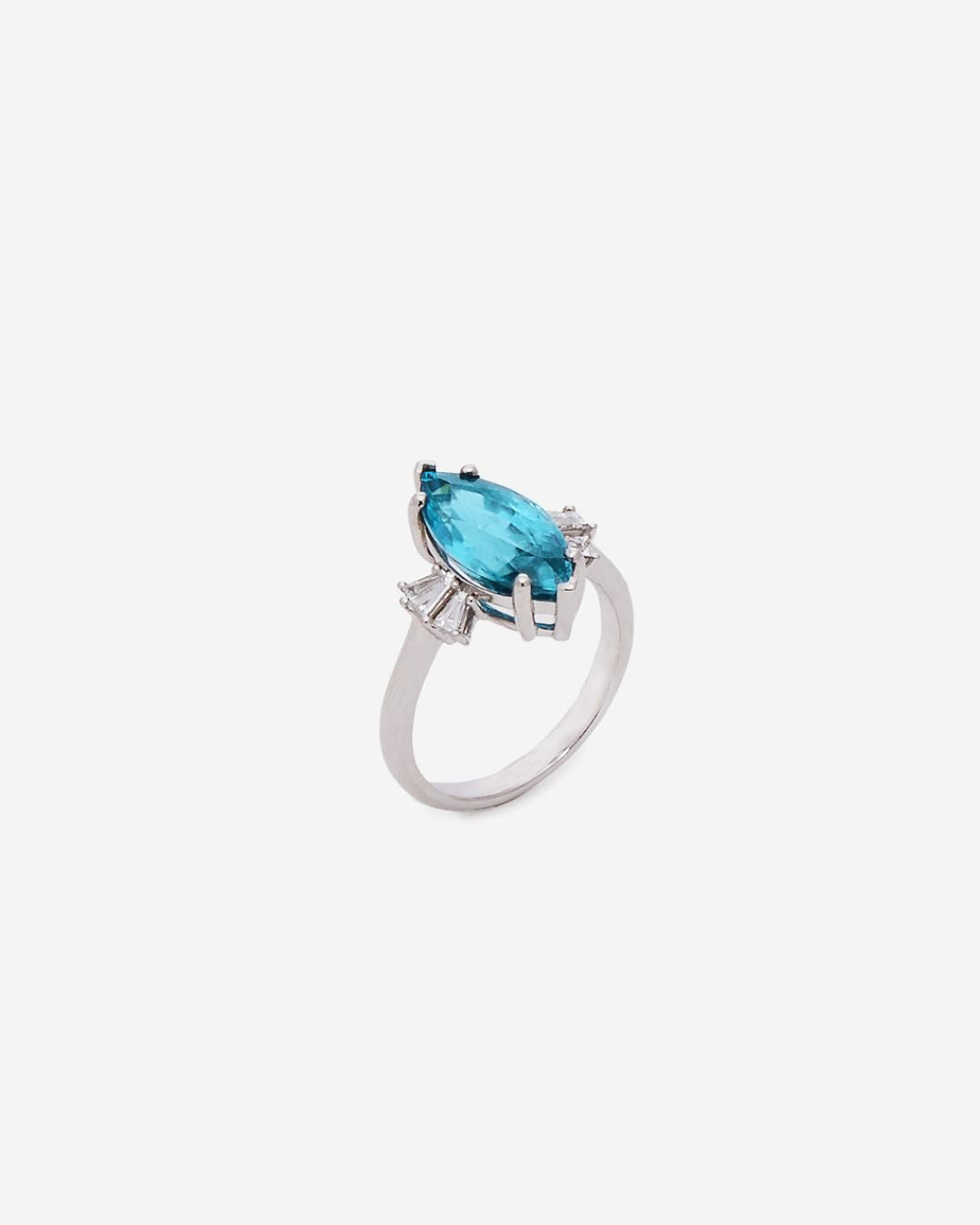 Ballerina Ring in Platinum with Blue Zircon and Tapered Baguette Diamonds