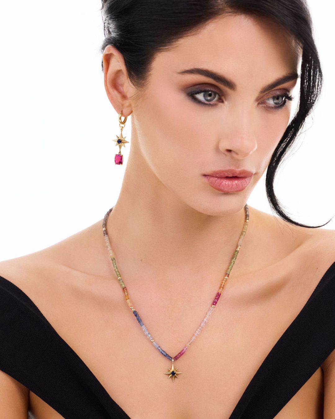 Compass Star Multi Sapphire and Ruby Necklace with Gold