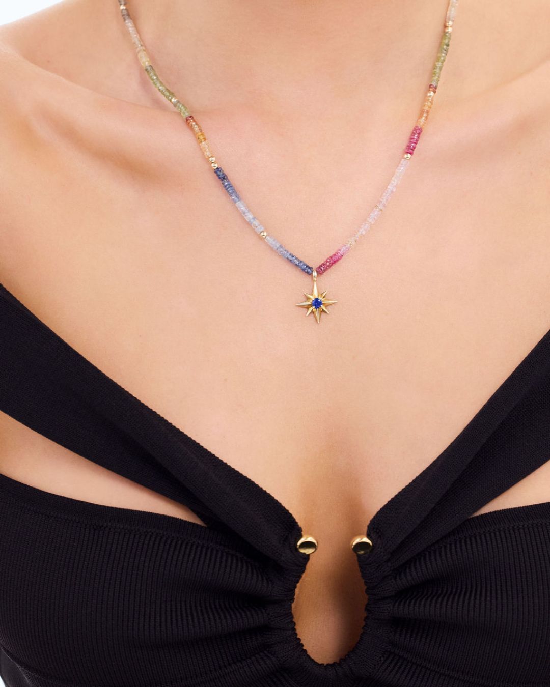Compass Star Multi Sapphire and Ruby Necklace with Gold