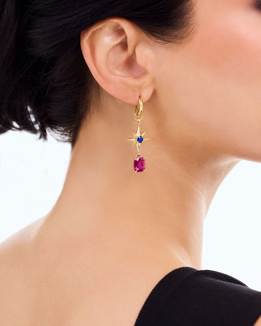 Compass Star Sapphire and Garnet earrings in 18 carat Yellow Gold