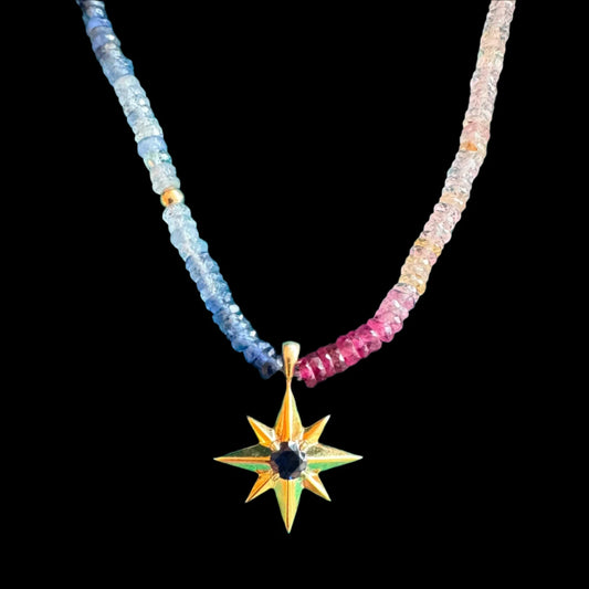 Compass Star Multi Sapphire and Ruby Necklace with Gold