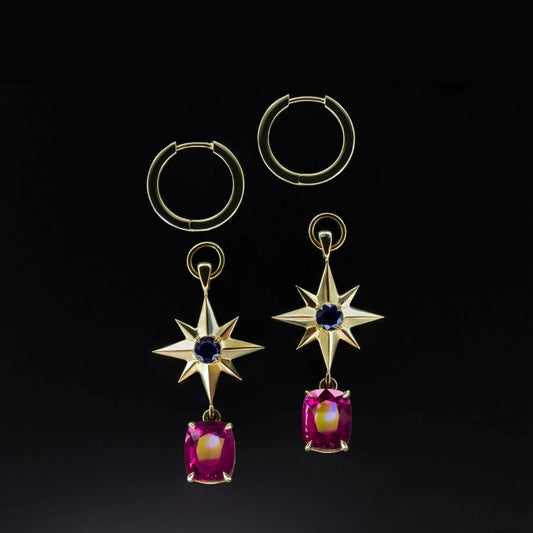 Compass Star Sapphire and Garnet earrings in 18 carat Yellow Gold