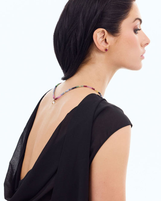 The Aeon Multi Gem Necklace with Spike Rock Crystal Quartz Pendant in 18 carat Yellow Gold