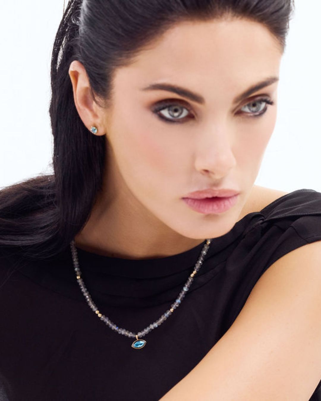 Protection Labradorite and Gold Bead Necklace with Sky Blue Topaz